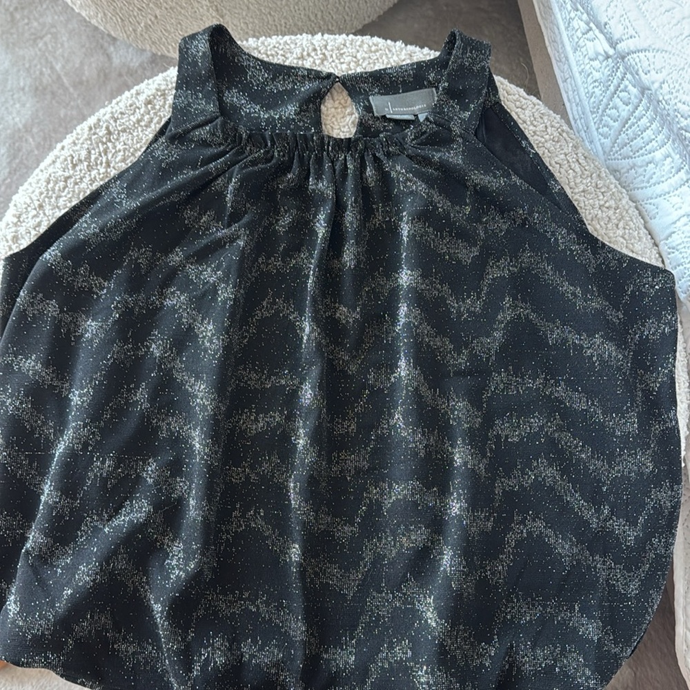 Anthropologie Stardust Galaxy Black and Silver Print Bubble Hem Top - Picture 5 of 5